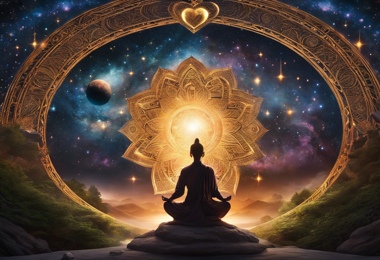 A serene image featuring a person meditating under a cosmic sky, with ethereal light, surrounded by symbols of different religions and a path leading inward to a glowing heart center