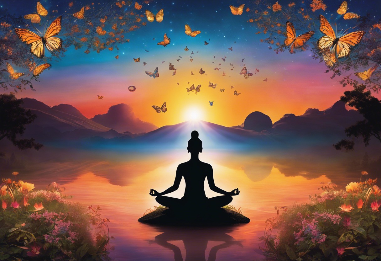 A serene image featuring a person meditating under a vast, radiant sunrise, with subtle symbols like butterflies, lotus flowers, and an ascending ethereal silhouette to represent spiritual awakening signs and symptoms