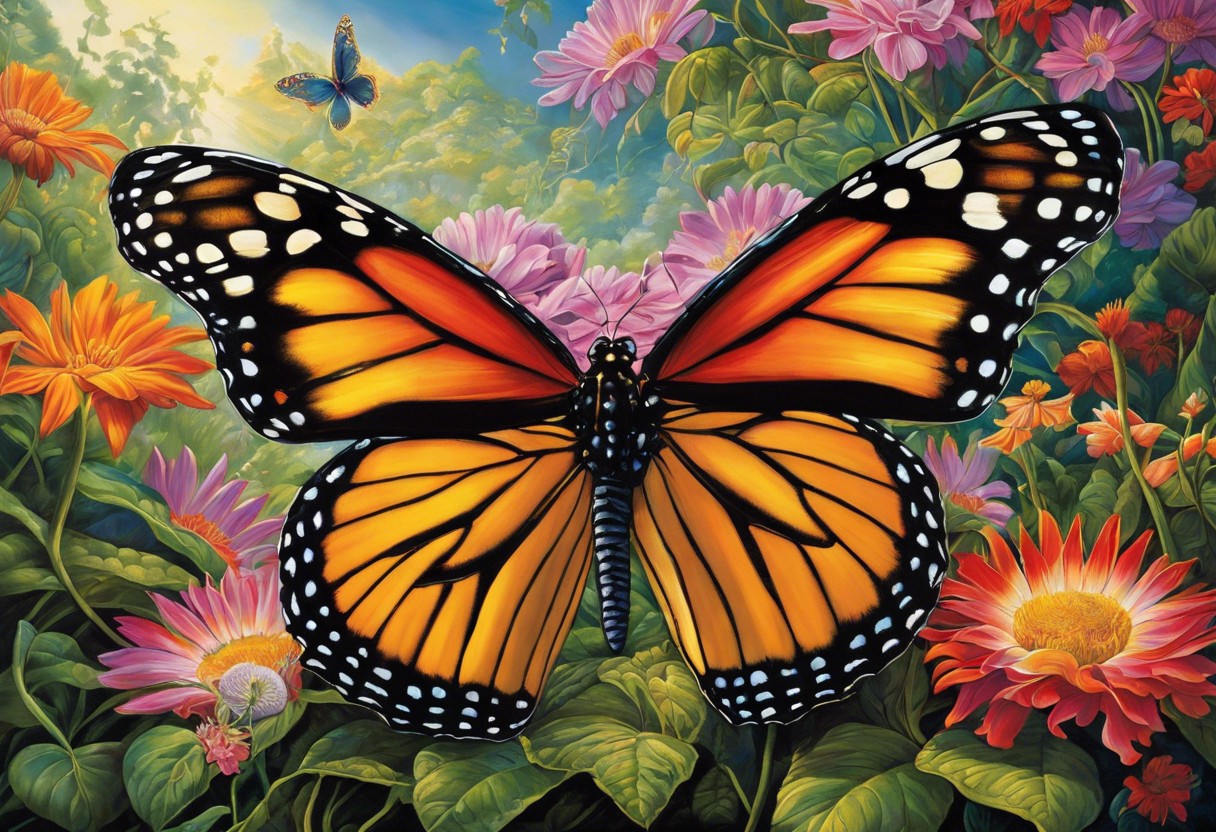 Ze a butterfly emerging from a cocoon amidst a vibrant garden, with scattered broken chains and a half-shaded sun above, symbolizing enlightenment and the shattering of misconceptions