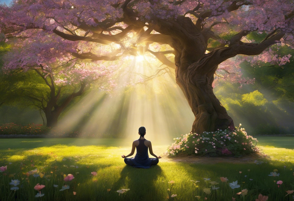 A serene image of a person meditating under a majestic tree, with ethereal light beams filtering through, surrounded by a blossoming garden, symbolizing peace and enlightenment in an awakened life