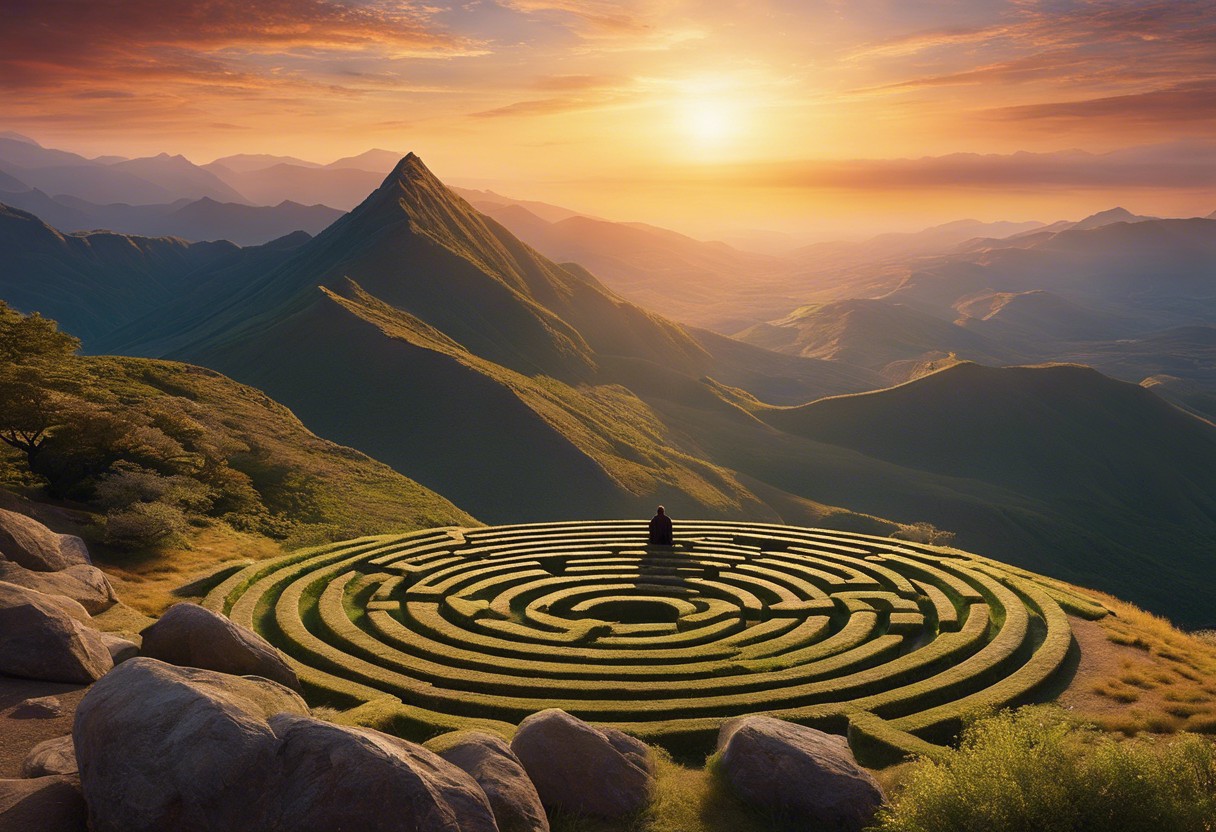 A serene image of a lone individual standing atop a rocky peak, facing a sunrise, with a labyrinth path below symbolizing the journey through challenges towards spiritual awakening
