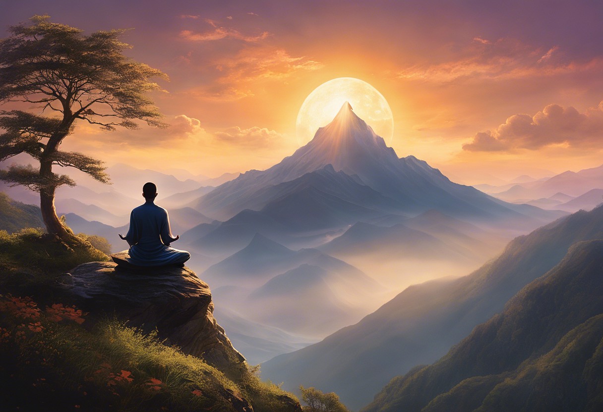 An image of a person meditating on a serene mountaintop with a translucent silhouette ascending, surrounded by a soft glow and ethereal nature elements symbolizing spiritual connection and enlightenment