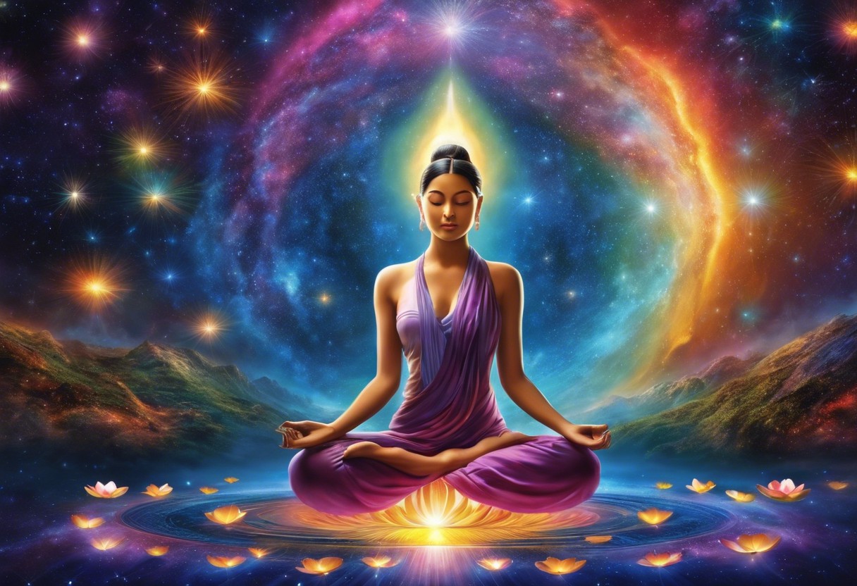 An image of a serene person in lotus position, surrounded by a soft glowing aura, with an infinite galaxy above, merging with a vibrant, blooming lotus at their heart center