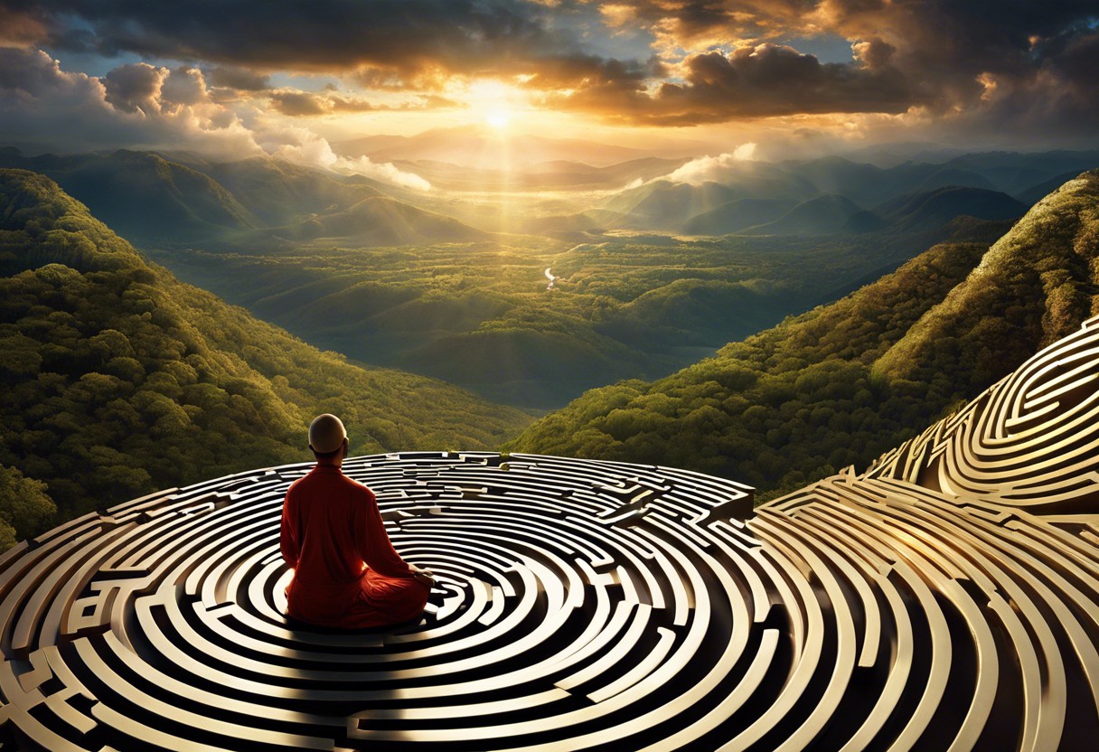 An image of a serene person meditating atop a mountain, with a complex maze at the base and a radiant sun breaking through storm clouds above