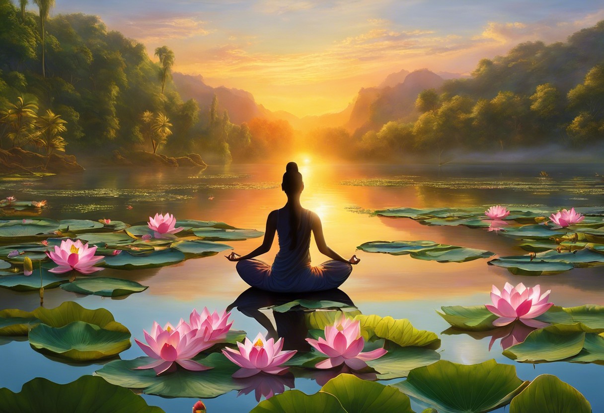 An image depicting a serene sunrise meditation session by a tranquil lake, with surrounding lush greenery, floating lotus flowers, and a person in a lotus pose with an aura of light