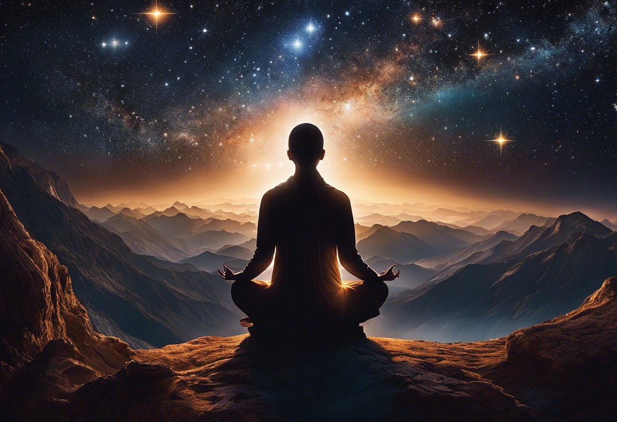 An image of a person meditating under a vast, starry sky, with ethereal light emanating from their heart, connecting them to the cosmos, symbolizing deep spiritual awareness and unity with the universe