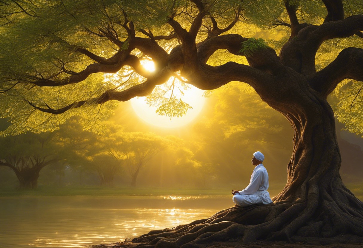 E a serene image of a person meditating under a Bodhi tree, with light radiating from their heart, surrounded by a subtle aura, symbolizing the awakening of inner wisdom