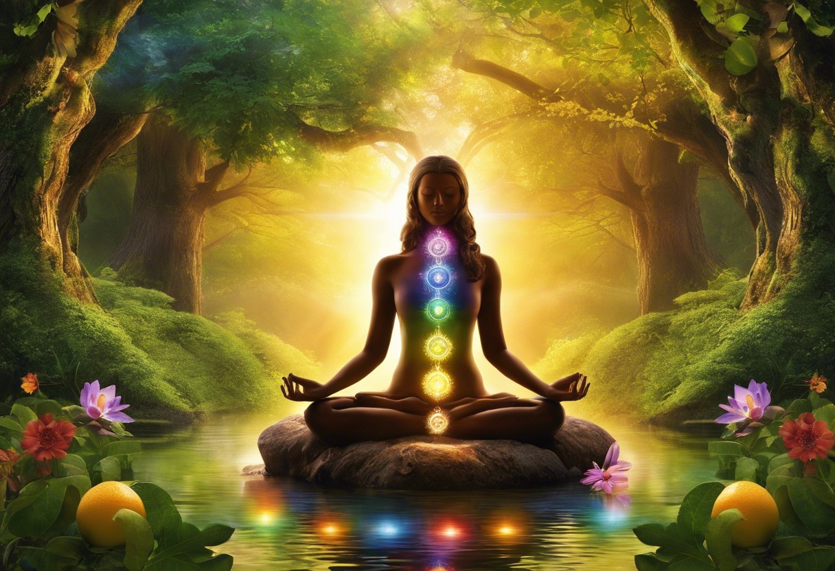 An image featuring a serene meditating figure with chakras aligned, surrounded by nature and symbols of health like fruits, water, and sunlight filtering through trees