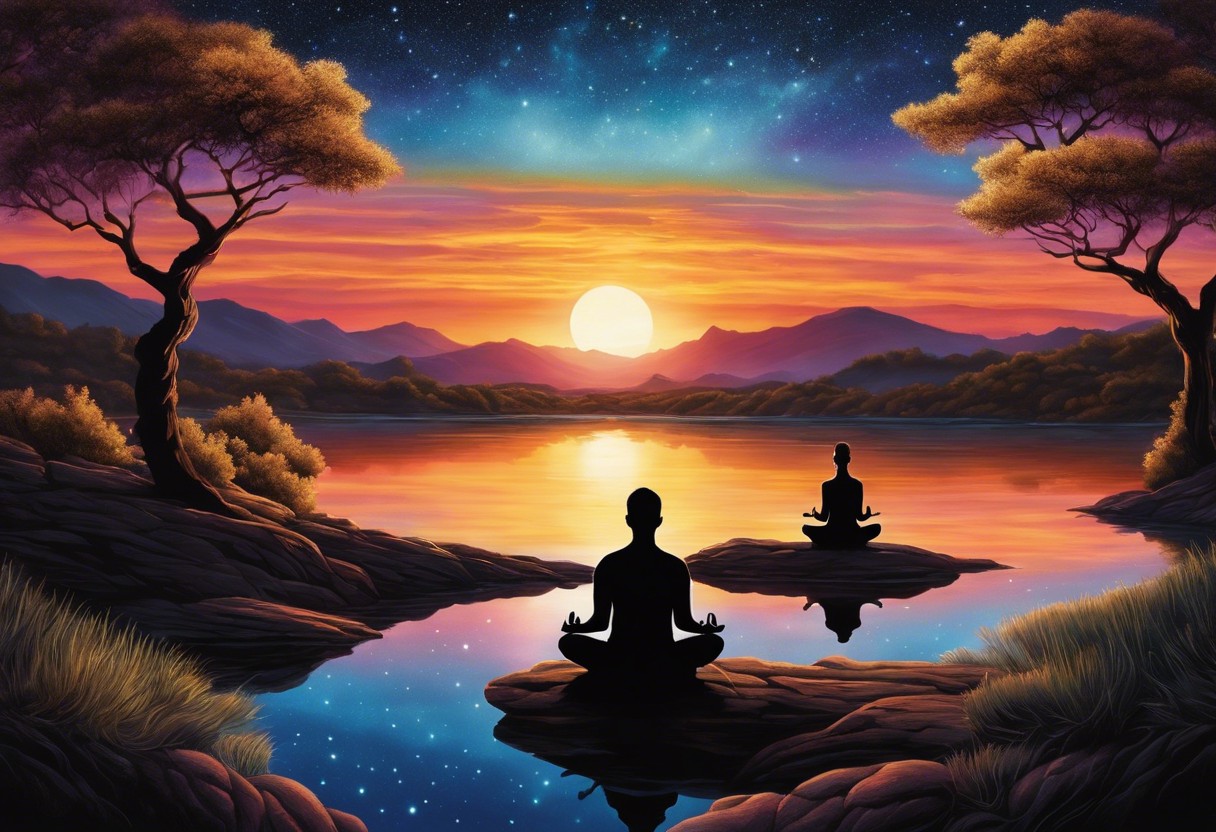 An image of two silhouettes meditating back-to-back, with a glowing aura intertwining, set against a tranquil backdrop of a sunset blending into a starry sky