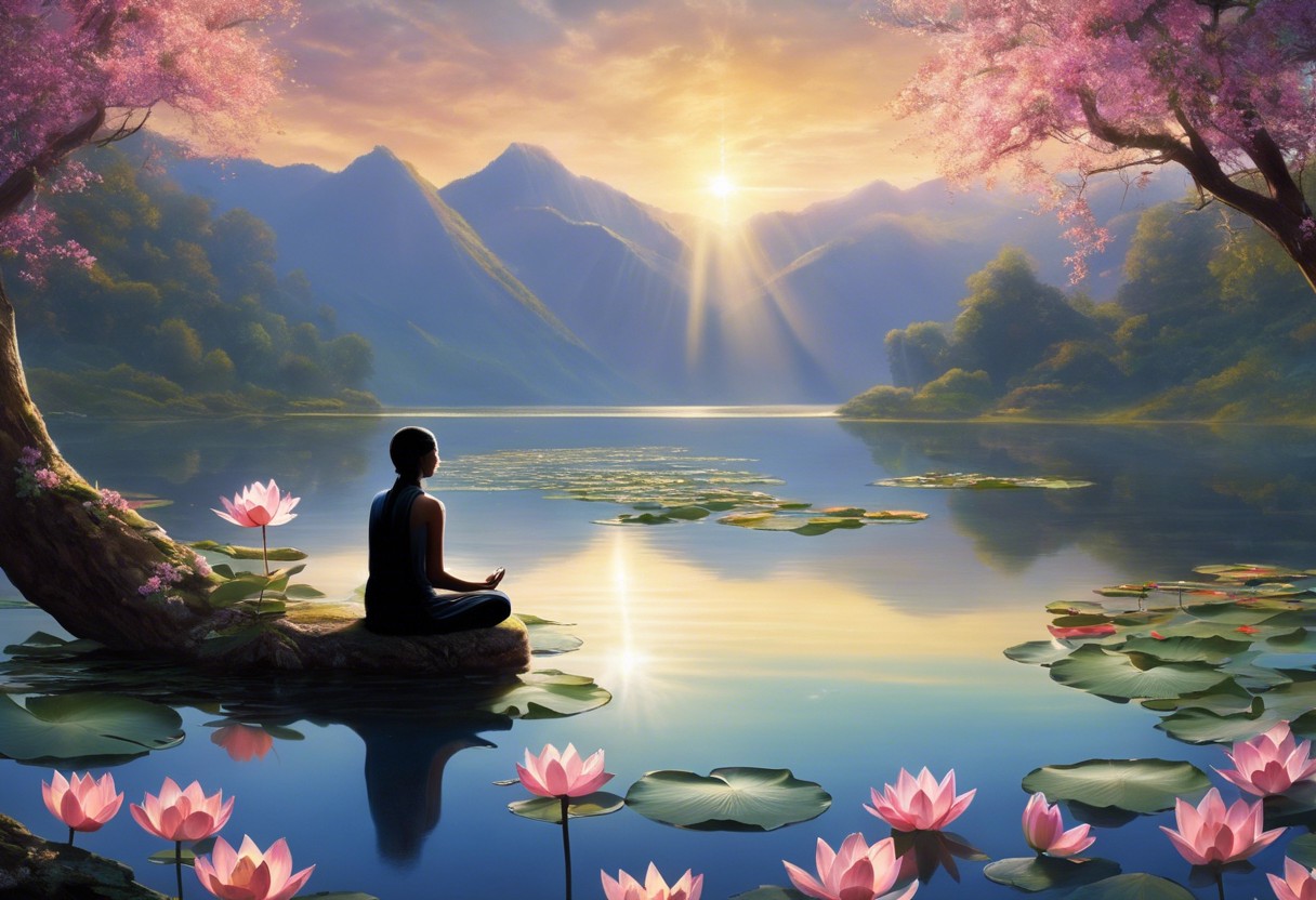 An image of a serene person meditating by a tranquil lake, with ethereal light beams cascading down, surrounded by lotus flowers and a faint silhouette of an enlightened mind overhead
