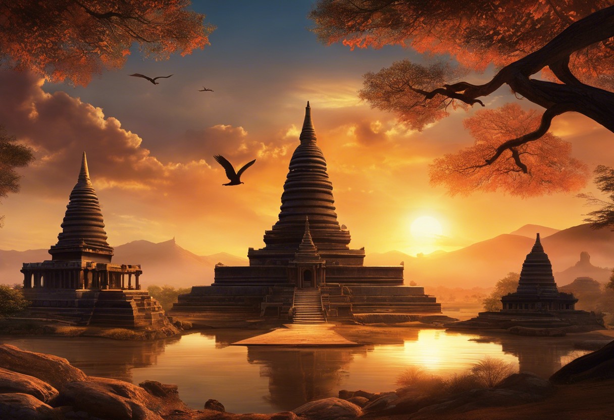 An image of ancient stone temples, diverse religious symbols, a meditating figure's silhouette, and a sunrise backdrop, representing the evolution of spiritual awareness through history