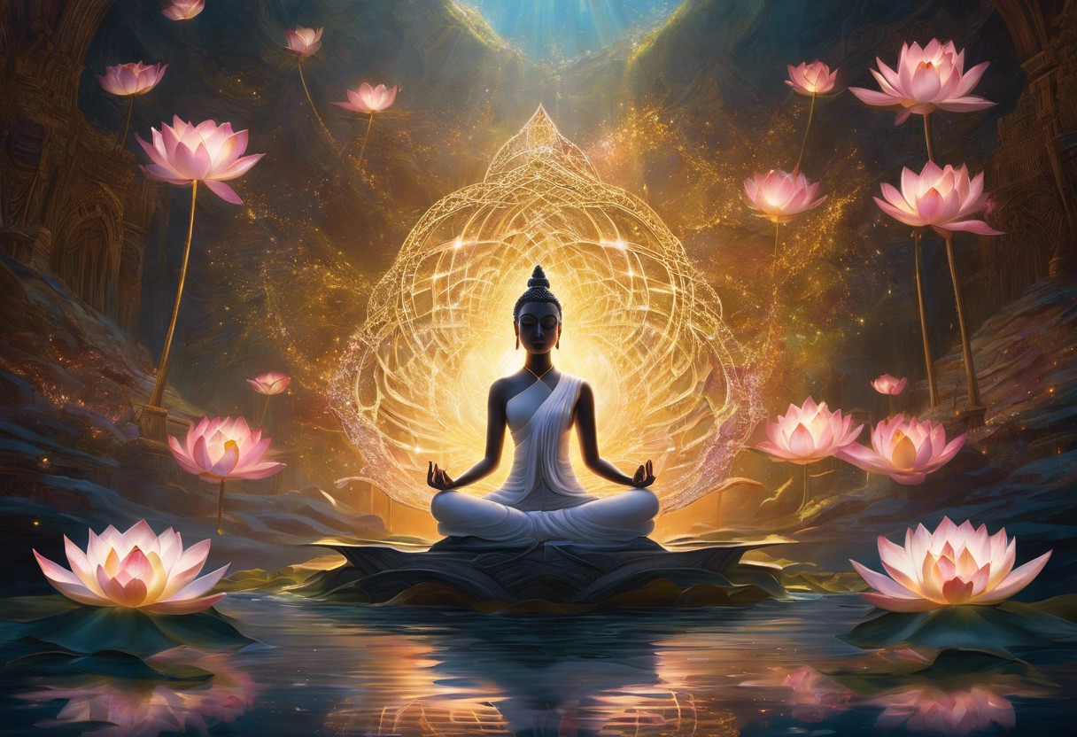 An image depicting a serene person meditating on a lotus flower, with shattered chains representing misconceptions falling away, surrounded by a soft, ethereal glow of enlightenment