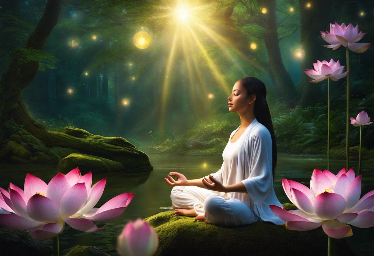 Nt person meditating in a tranquil forest, surrounded by glowing orbs of light, with a lotus flower blooming in the foreground and a serene, dawn-lit sky above