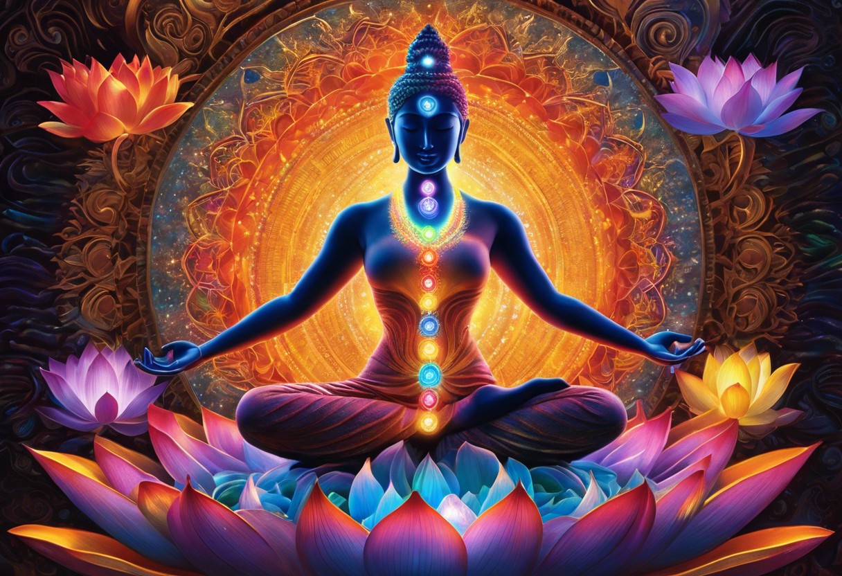 An image of a person in lotus position, surrounded by vibrant, swirling energy rising up the spine, with glowing chakras and a blossoming lotus overhead, symbolizing enlightenment and spiritual awakening
