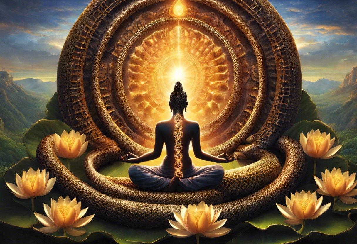 An image of a serene person meditating with a coiled serpent at the base of their spine, surrounded by lotus flowers and soft glowing light indicating energy rising through chakras