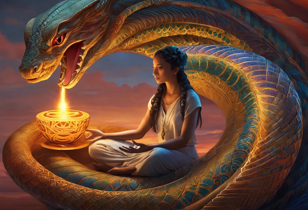 Ate a serene person meditating with a vibrant, coiled serpent of light ascending the spine, surrounded by protective symbols and a calm, safe environment with soft, guiding light