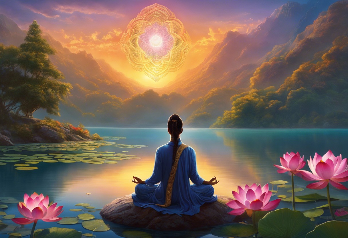 An image of a serene person meditating by a tranquil lake, with a luminous serpent-like energy rising along the spine, framed by lotus flowers and a radiant sunrise in the background