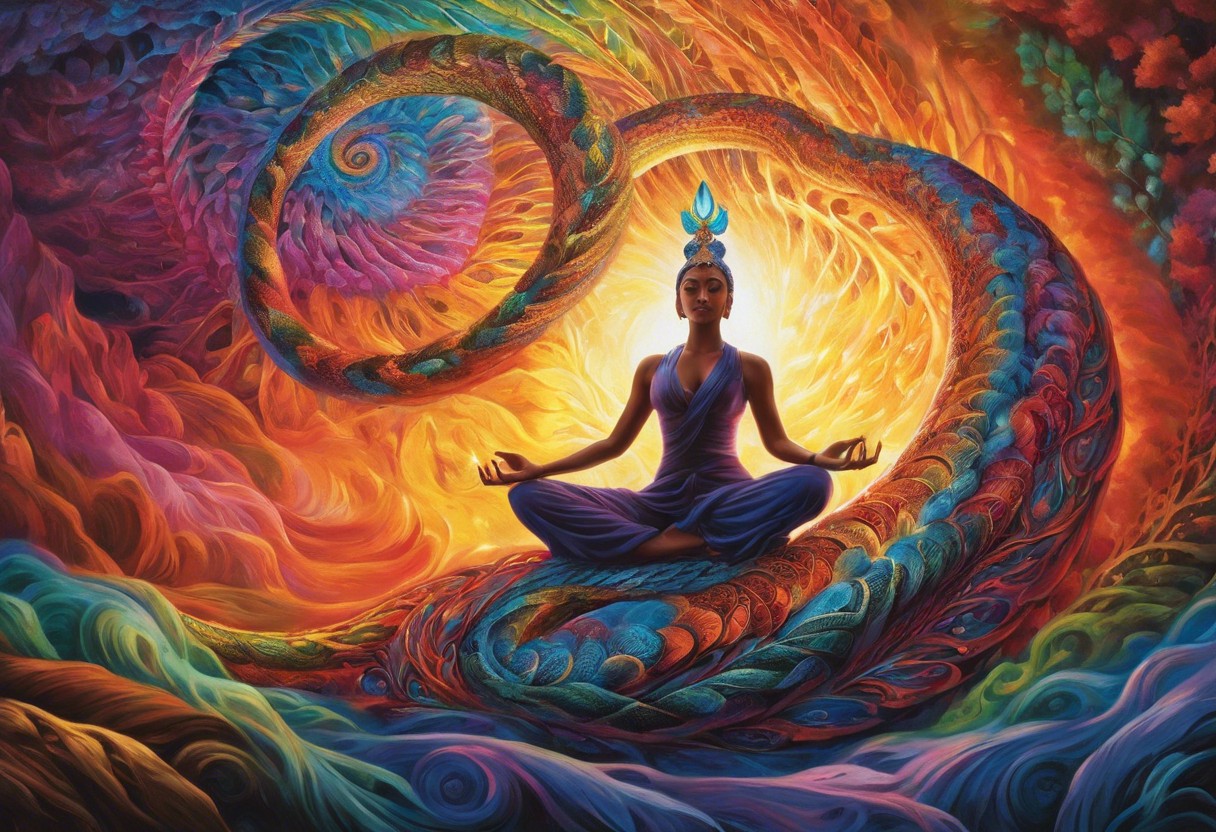 Ze a person in meditation pose with a vibrant, multi-colored serpent-like energy spiraling upwards from the base of the spine to the crown against a serene, ethereal backdrop