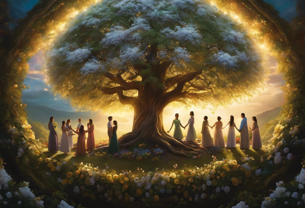 A serene image of a diverse circle of people holding hands around a blossoming tree, with light beams piercing through surrounding clouds, illuminating the group and the tree