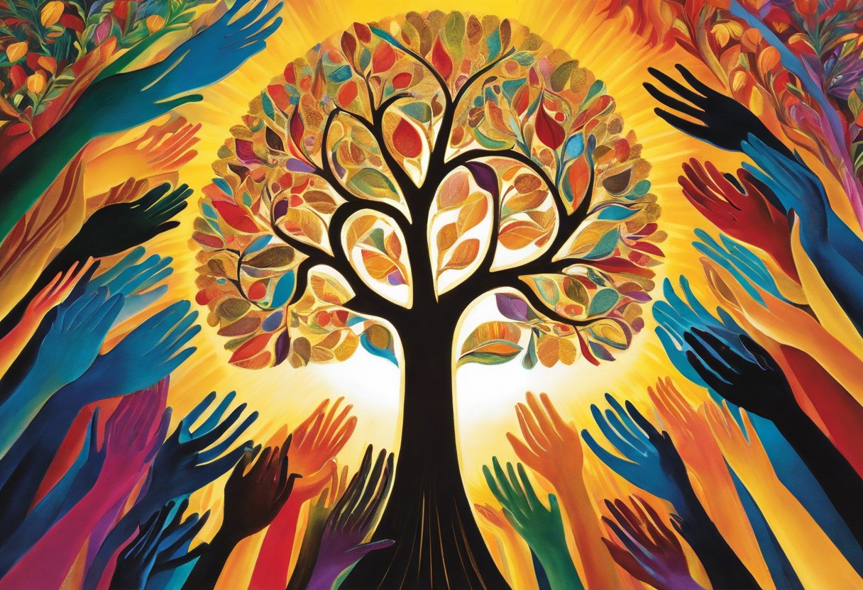 E an image of diverse hands united, holding a vibrant, flourishing tree under a golden sun, symbolizing unity and growth within a community through spiritual revival