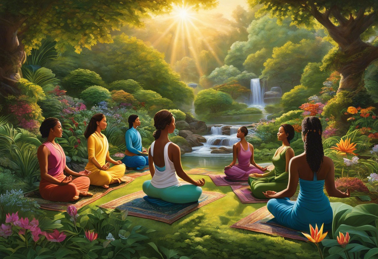 An image of a diverse group meditating in a lush garden, with a sunrise, a flowing stream, and flourishing trees symbolizing growth and renewal