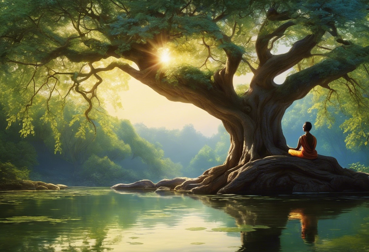 A serene image of a person meditating under a large, ancient tree, with soft sunlight filtering through the leaves, surrounded by a tranquil pond reflecting the clear blue sky
