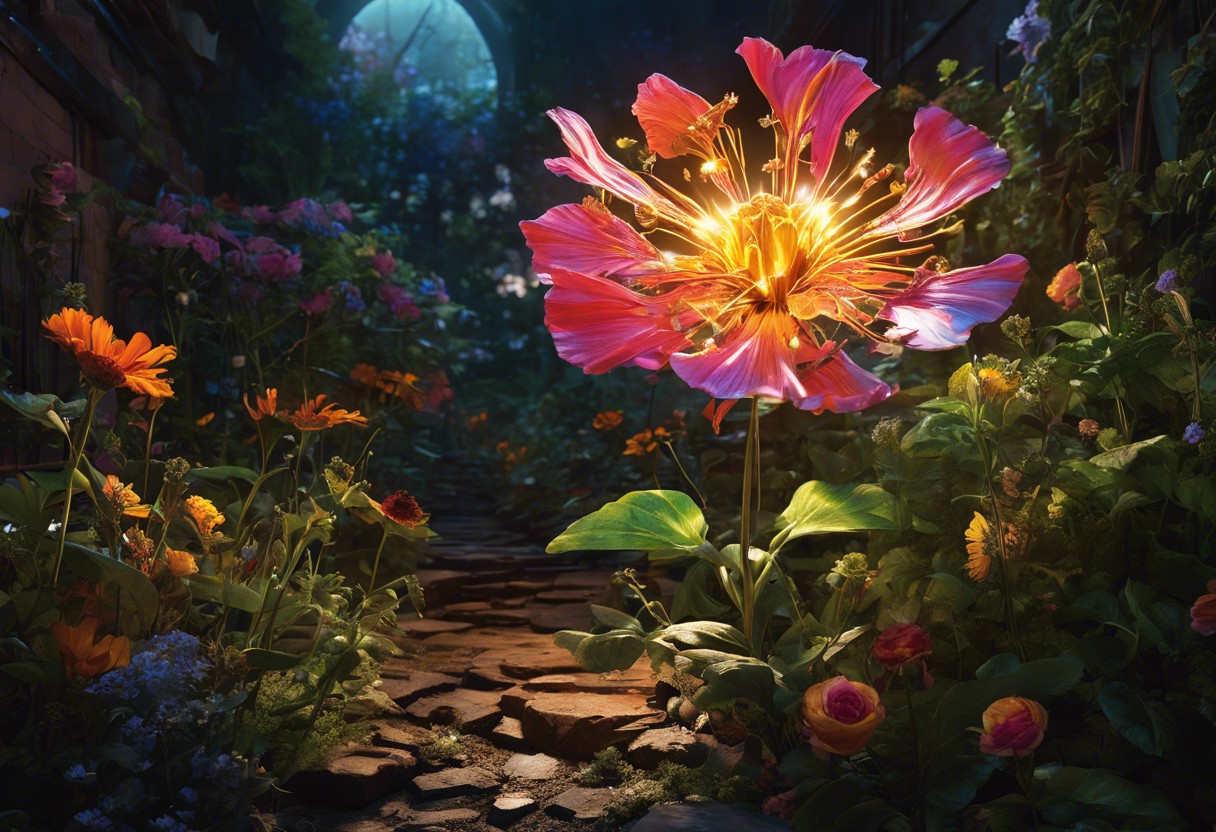 An image of a wilted flower amidst technology debris, with a bright light breaking through, illuminating a path leading to a vibrant garden symbolizing reconnection and revival