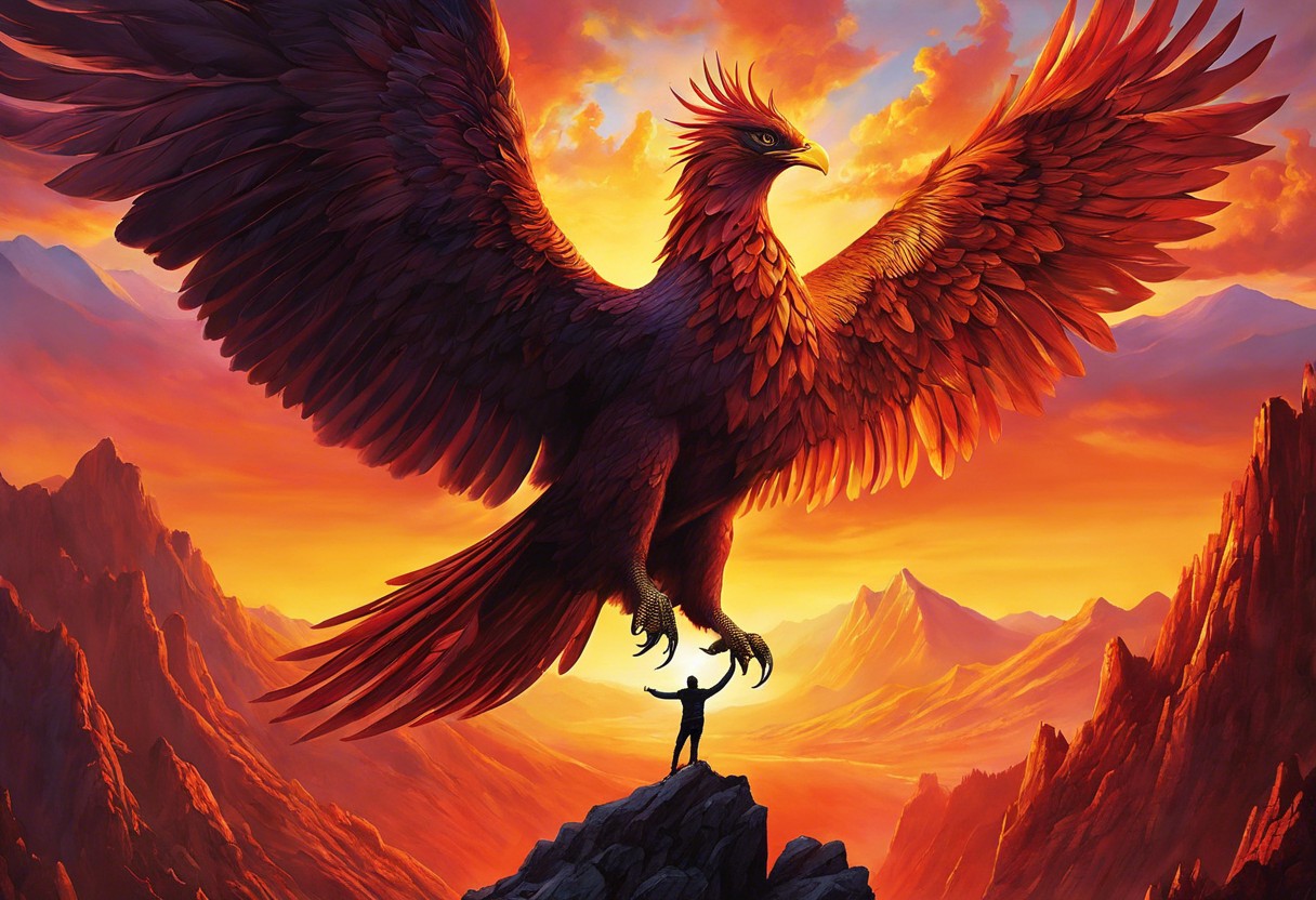 A vivid image of a person standing on a mountain peak, arms raised high, surrounded by a brilliant sunrise, with a phoenix soaring overhead, symbolizing rebirth and renewed passion