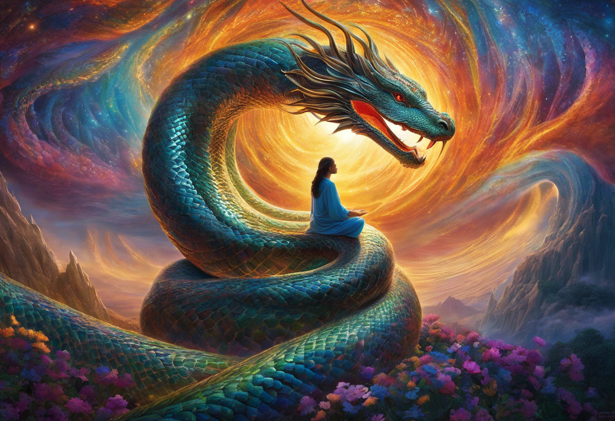 Ze a person in deep meditation with a vibrant, coiled serpent of light ascending their spine against a backdrop of peaceful, ethereal energy fields