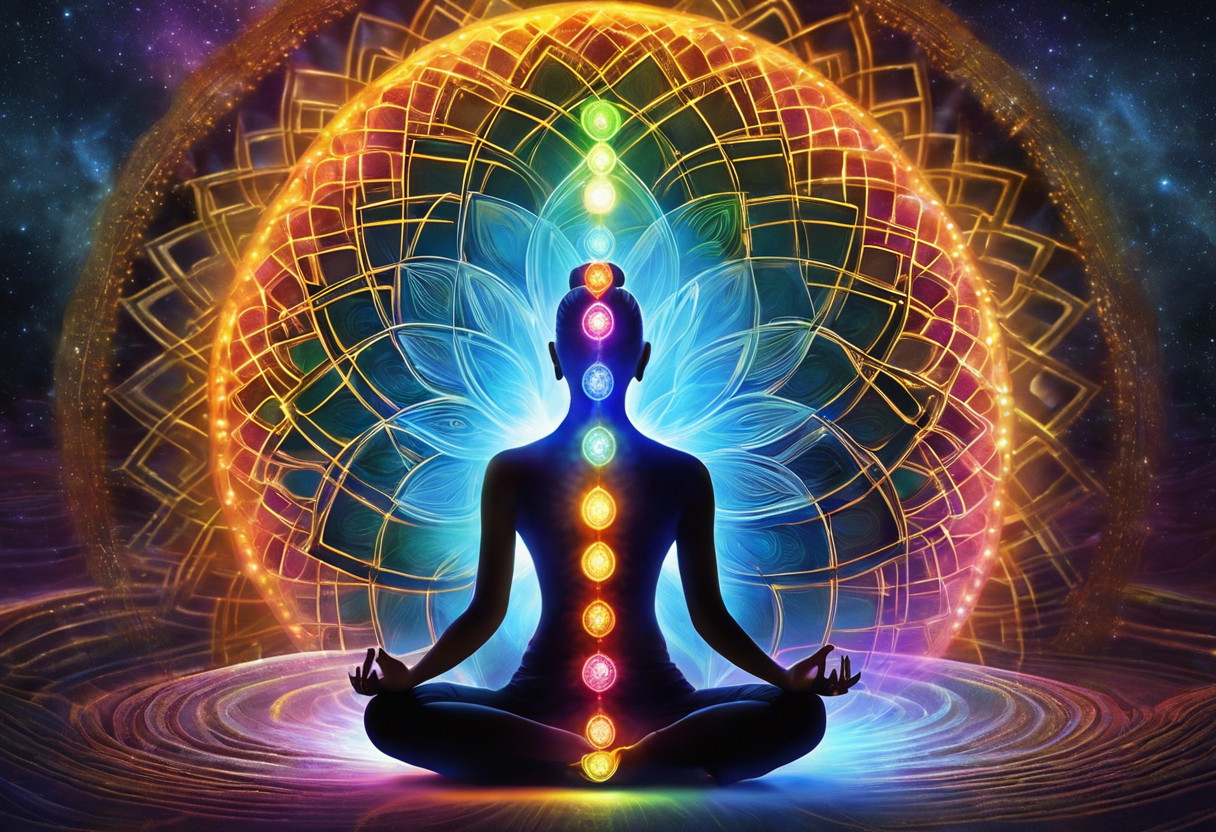 Ze a person meditating in lotus position, surrounded by glowing chakras, with a radiant serpent energy ascending the spine, amidst a backdrop of ethereal, healing light rays in tranquil, harmonious colors