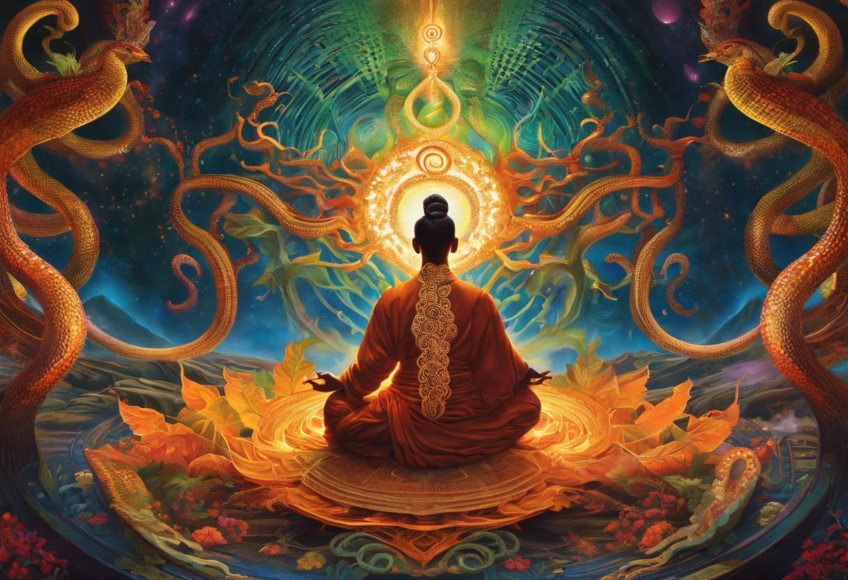 An image of a person meditating at a crossroads, with a vibrant serpent energy spiraling up their spine amidst a backdrop of transforming seasons symbolizing sudden life changes