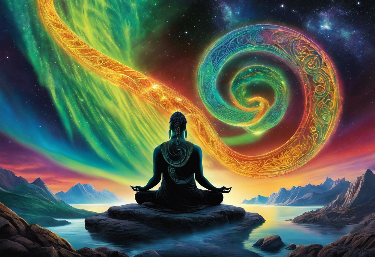An image of a person meditating under a vibrant aurora borealis, with a luminous serpent-like energy spiraling up their spine amidst a backdrop of ancient, mystical symbols etched into stone
